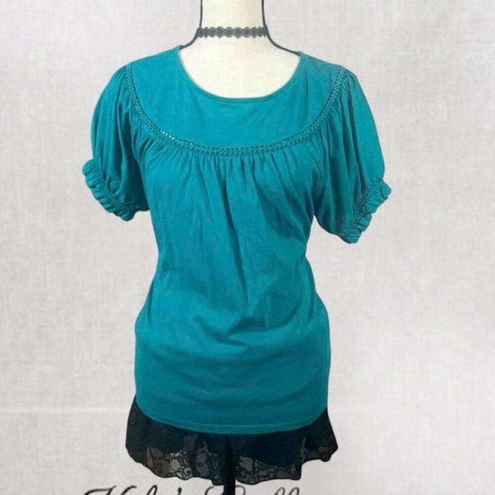 Vintage Style Y2K Cottagecore Blue Puff Sleeve Blouse With Neckline Detail